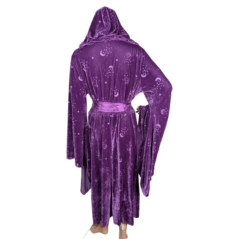 Spirit Purple Crushed Velvet Celestial Hooded Dress Cloak Moon Star Bell Sleeve - Picture 9 of 10
